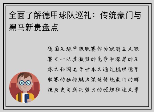 全面了解德甲球队巡礼：传统豪门与黑马新贵盘点